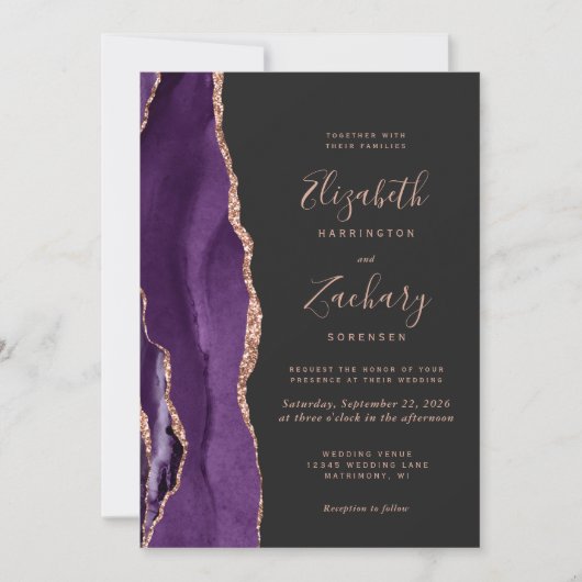 Invitation Rose violet Gold Agate Dark QR Code Mariage (Devant)