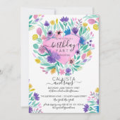 Invitation Rose violet Jaune Fleur du Coeur Feuilles Annivers (Devant)