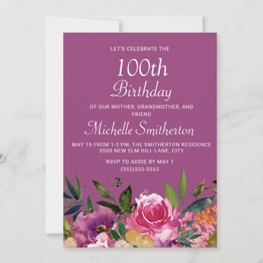 Invitation Rose violet jaune Floral 100e anniversaire (Devant)