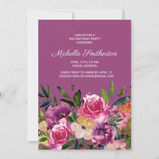 Invitation Rose violet jaune Floral 90e anniversaire (Devant)