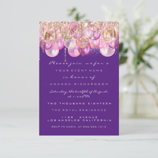 Invitation Rose Violet Mariage Doux 16ème Paillettes Roses (Debout devant)