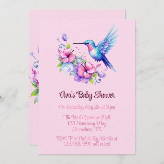 Invitation Rose violet mignon colibri Baby shower fille colib (Devant / Derrière)