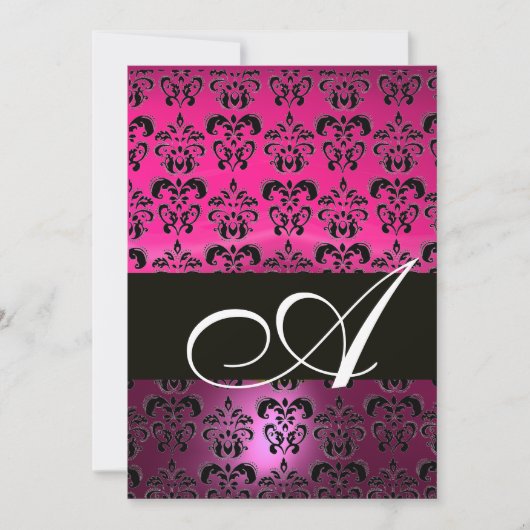 Invitation ROSE VIOLET NOIR DAMAS MONOGRAMME, fuchsia blanc (Devant)