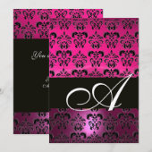 Invitation ROSE VIOLET NOIR DAMAS MONOGRAMME, fuchsia blanc (Devant / Derrière)