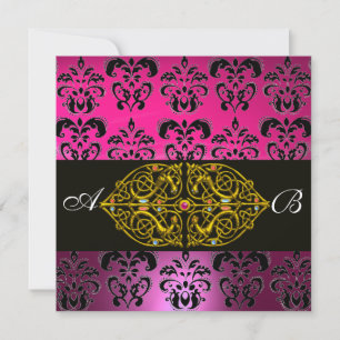Invitation ROSE VIOLET NOIR DAMAS MONOGRAMME ,fuchsia,or