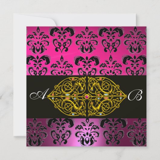 Invitation ROSE VIOLET NOIR DAMAS MONOGRAMME ,fuchsia,or (Devant)