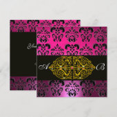 Invitation ROSE VIOLET NOIR DAMAS MONOGRAMME ,fuchsia,or (Devant / Derrière)