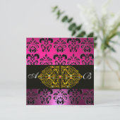 Invitation ROSE VIOLET NOIR DAMAS MONOGRAMME ,fuchsia,or (Debout devant)