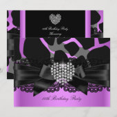 Invitation Rose violet noir Diamond Coeur Anniversaire Fête (Devant / Derrière)