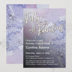 Invitation Rose Violet Paillettes Aquarelle Cinquante Ans et
