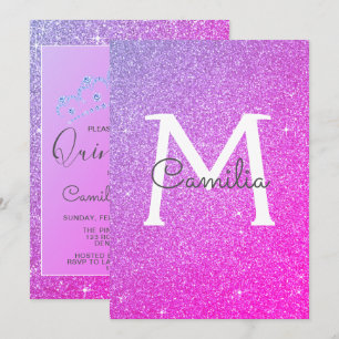 Invitation Rose Violet Paillettes Monogramme Étincelle Quince