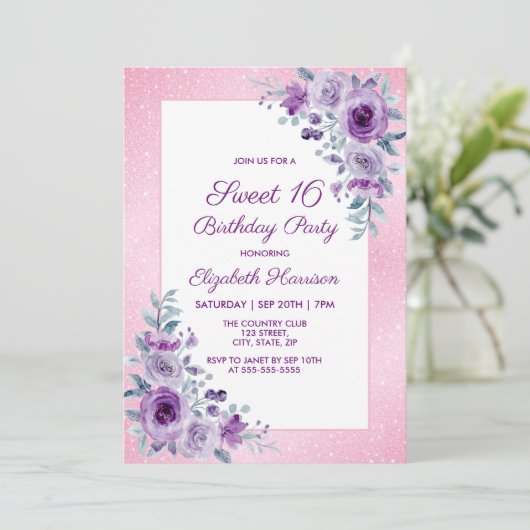 Invitation Rose violet Parties scintillant florale rose 16e a (Debout devant)