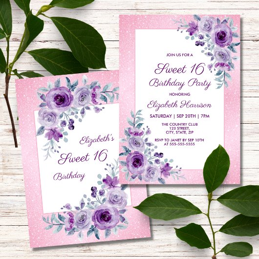 Invitation Rose violet Parties scintillant florale rose 16e a