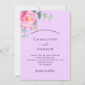 Invitation Rose violet rose mariage vert (Devant)