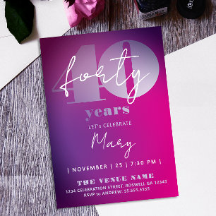 Invitation Rose Violet tendance 40e Anniversaire Typographie 