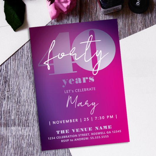 Invitation Rose Violet tendance 40e Anniversaire Typographie 