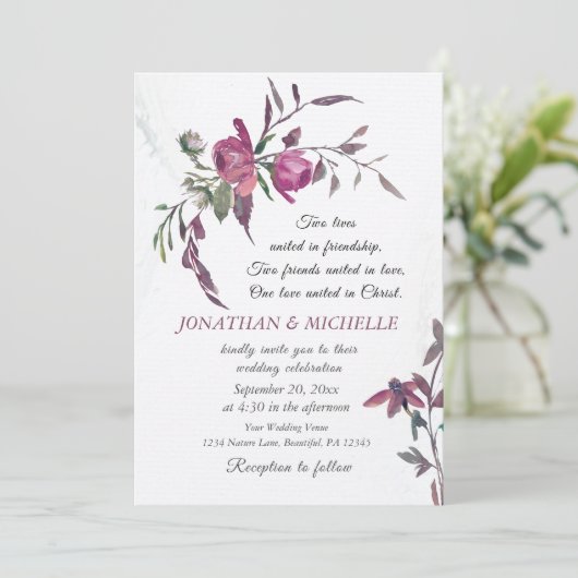 Invitation Rose violet vert fleuri Mariage chrétien (Debout devant)