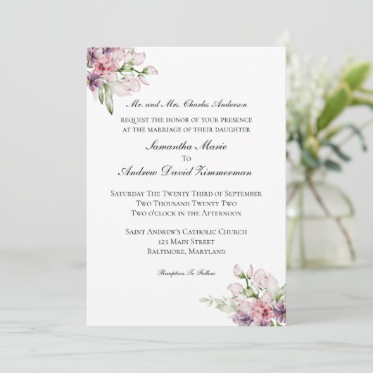 Invitation Rose violet vert Floral Formal Elégant Mariage (Debout devant)