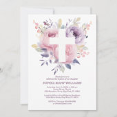 Invitation Rose violette rose et fille à croix blanche Baptêm (Devant)