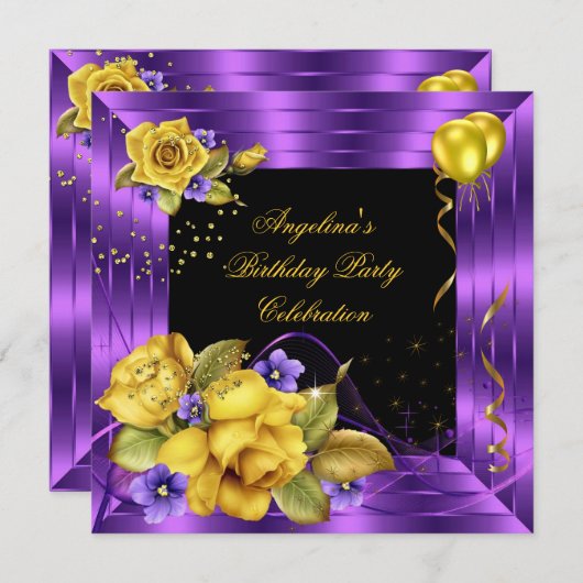 Invitation Rose violette Rose noire Parties scintillant Anniv (Devant / Derrière)
