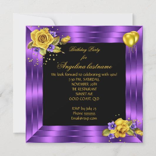 Invitation Rose violette Rose noire Parties scintillant Anniv (Dos)
