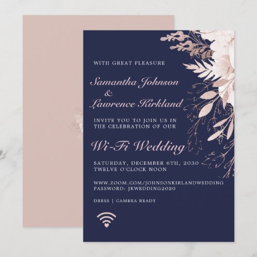 Invitation Rose virtuel Dusty Floral Navy Mariage bleu (Devant / Derrière)