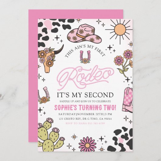 Invitation Rose Western Cowgirl Rodeo 2e fête d'anniversaire (Devant / Derrière)