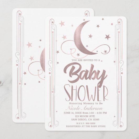 Invitation Rose Whimsical Gold rose Lune étoiles Baby shower (Devant / Derrière)