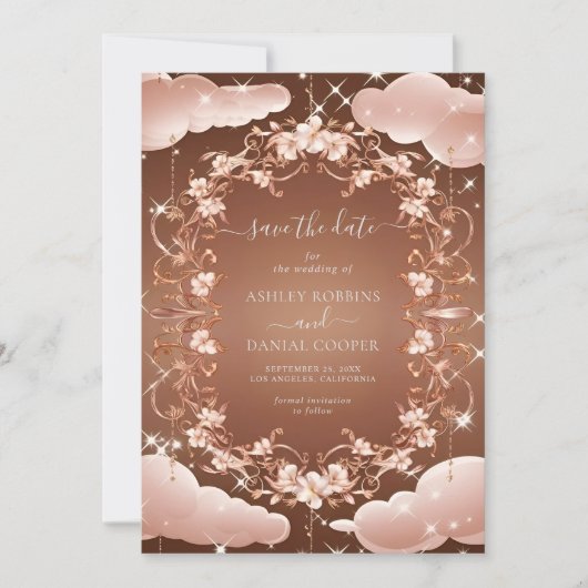 Invitation Rose Whimsical Or Ornate Floral Enregistrer La Dat (Devant)