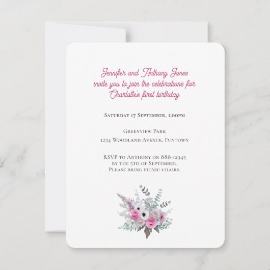 Invitation Rose Wild ONE 1er anniversaire (Dos)