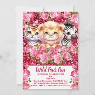Invitation Rose Wild Quatre Amusants 4 Ans Fille Fête Anniver