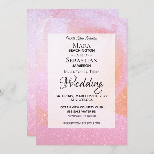 Invitation *~* Rosebud Faux Parties scintillant rose Mariage  (Devant / Derrière)