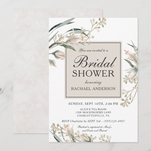 Invitation Rosebustes blancs femelles Fête des mariées floral (Devant / Derrière)