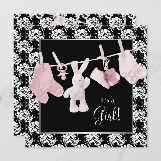 Invitation Rosée Black Clothesline bébé fille Douche (Devant / Derrière)