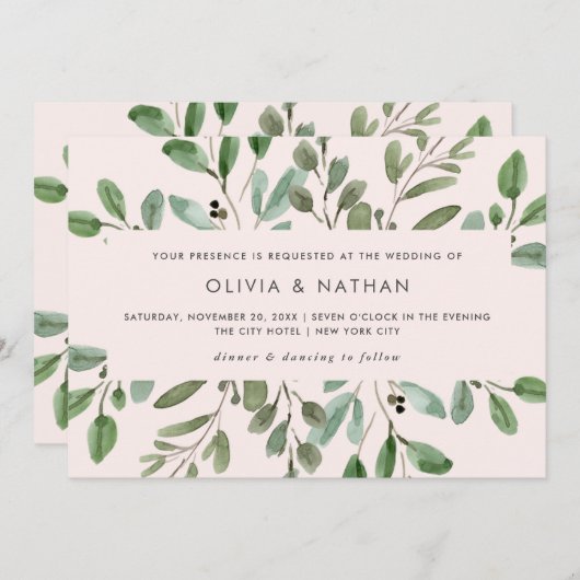 Invitation Rosée de feuillage minimaliste | Mariage (Devant / Derrière)