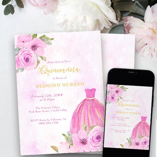 Invitation Rosée et or Florale princesse robe Quinceanera