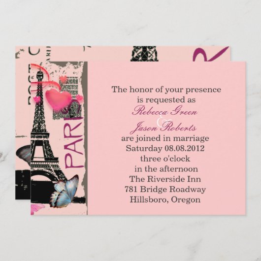 Invitation rosée paris eiffel tour destination mariage (Devant / Derrière)