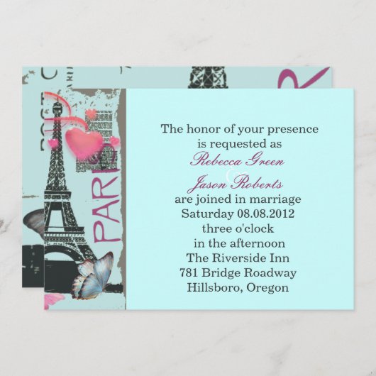 Invitation rosée paris eiffel tour destination mariage (Devant / Derrière)