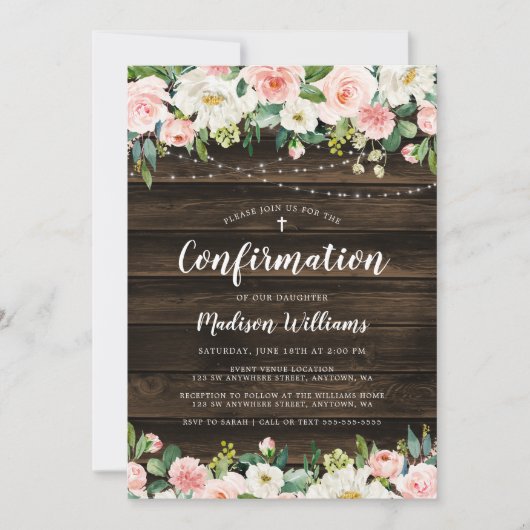 Invitation Rosée Rustique Florale Lights Girl Confirmation (Devant)