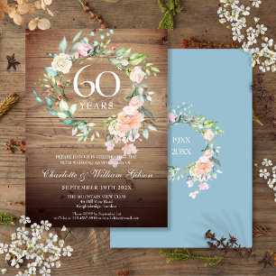 Invitation Roses 60e Anniversaire de Mariage Bois Rustique