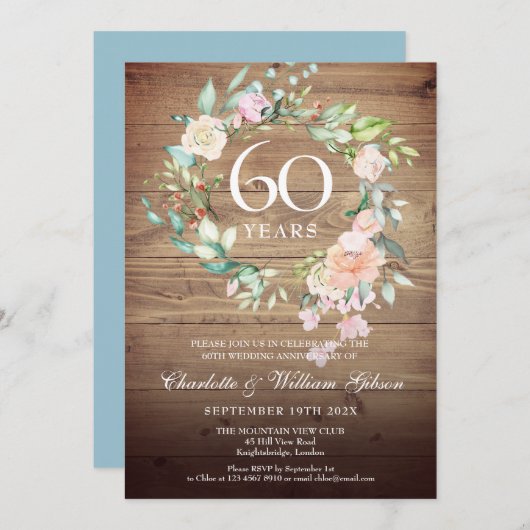 Invitation Roses 60e Anniversaire de Mariage Bois Rustique (Devant / Derrière)