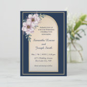 Invitation Roses à cadre doré élégant moderne bleu marine (Debout devant)