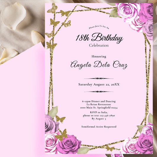 Invitation Roses and Butterflies Pink 18th Debut Birthday