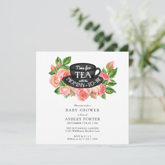 Invitation Roses aquarelle | Baby shower Tea Party (Debout devant)