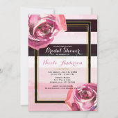 Invitation Roses aquarelle rose rayure noir blanc moderne (Devant)