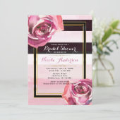 Invitation Roses aquarelle rose rayure noir blanc moderne (Debout devant)