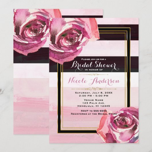 Invitation Roses aquarelle rose rayure noir blanc moderne (Devant / Derrière)