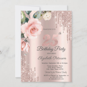 Invitation Roses Aquarelles Pailletées Gouttes d'Eau 25e Anni