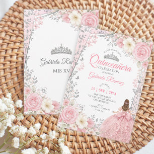 Invitation Roses aquarelles rose blush argent Quinceañera