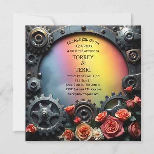 Invitation Roses arc-en-ciel et Mariage LGBT Metal Steampunk (Devant)